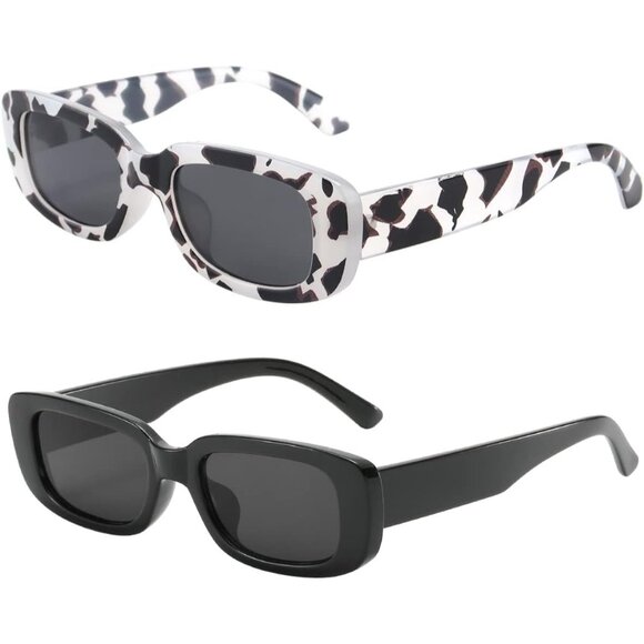 Trendy Rectangle CowPrint Black Sunglasses Women Men Retro Square Fashion Shades - Picture 1 of 6